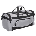 Light grey sports duffle bag with black contrast handles, straps and trim featuring multiple zippered pockets