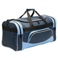 Navy and sky blue sports bag with contrast white piping and black handles