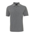 Charcoal grey polo shirt with flat knit collar and three-button placket