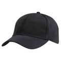 Black structured six-panel baseball cap with curved peak and ottoman fabric construction