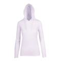 Pale lilac long sleeve hooded tee with white drawcords and front pouch pocket