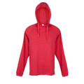 Red long sleeve hooded tee with drawstring hood and kangaroo pocket featuring spacious front decoration panel