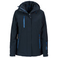 Navy waterproof shell jacket with royal blue contrast zippers and detachable hood