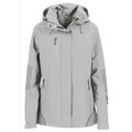 Light grey hooded waterproof shell jacket with chest and side zip pockets