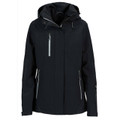 Black hooded waterproof shell jacket with grey contrast zippers on chest and side pockets