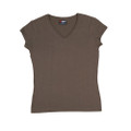 Chocolate brown women's v-neck tee with short sleeves and slim fit silhouette