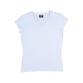White women's v-neck t-shirt with short sleeves and fitted silhouette, smooth cotton fabric ideal for decoration