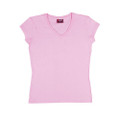 Light pink women's v-neck t-shirt with cap sleeves and fitted silhouette
