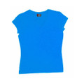 Sapphire blue women's fitted v-neck tee with cap sleeves on white background