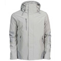 Light grey hooded waterproof shell jacket with contrast black zippers on chest and hand pockets