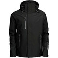 Black waterproof shell jacket with grey contrast zippers, adjustable hood and chest pocket