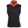 Black soft shell vest with orange contrast collar and inner zip detail, full front zipper
