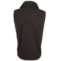 Black soft shell vest with teal contrast trim on collar and shoulders, rear view showing smooth back panel