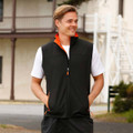 Black soft shell vest with orange contrast trim at collar, zipper and pocket details