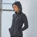 Charcoal heather fleece jacket with detachable hood, full zip front, zippered sleeve pocket and side pockets