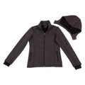 Charcoal heather fleece jacket with black contrast collar, cuffs and zip pockets, shown with detachable hood