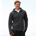 Charcoal heather fleece jacket with full zip and detachable hood, modeled front view