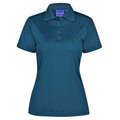 Ladies teal short sleeve polo shirt with three-button placket and structured collar, flat lay packshot