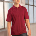 Maroon short sleeve polo shirt with collar and button placket on male model