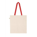 Natural cotton tote bag with contrasting red handles and eco-friendly label on side panel