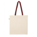 Natural cotton tote bag with burgundy handles and flat printable surface