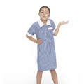 Royal blue and white gingham check school dress with white collar and chest zip pocket