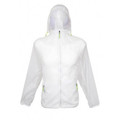 White lightweight rain jacket with hood and lime green zipper details