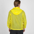 Bright yellow lightweight rain jacket with hood shown from back, featuring mesh panel and visible seams