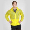Hi-vis yellow lightweight rain jacket with mesh upper panels and contrast white side panels