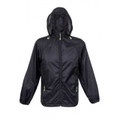 Navy hooded rain jacket with neon yellow zip accents and side pockets