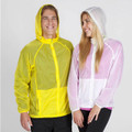 Bright yellow and soft pink lightweight rain jackets with clear hoods and contrast white drawcords on models