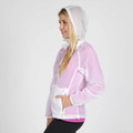 Clear transparent rain jacket with white hood and trim, featuring kangaroo pocket and front zip closure