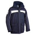 Navy sailing jacket with white reflective shoulder panels and piping, front pockets and storm flap closure