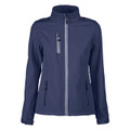 Navy ladies softshell jacket with white contrast zippers and chest pocket