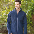 Navy softshell jacket with white contrast zipper and chest pocket detail