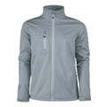 Grey softshell jacket with white contrast zippers and chest pocket detail