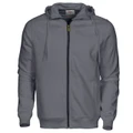 Charcoal grey hooded zip-up jacket with contrast black zipper and ribbed cuffs