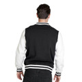 Black fleece varsity jacket with white sleeves and striped rib trims shown from back