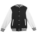 Black varsity jacket with white sleeves, striped collar and cuffs, white snap buttons and welt pockets