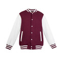 Maroon varsity jacket with white contrast sleeves, striped collar and cuffs, front snap buttons and welt pockets