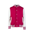 Hot Pink + White Plain SPIRIT unisex fleecy varsity jacket (cotton/poly blend) with contrast ribbing and pockets, perfect for school teams, clubs, and custom branding.