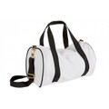 White canvas barrel sports bag with black contrast handles and adjustable shoulder strap with gold hardware