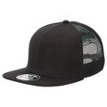 Black snapback trucker cap with mesh back panels and structured flat peak front panel
