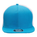 Aqua blue front panel snapback cap with white mesh back and flat peak