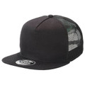 Charcoal five-panel trucker cap with black mesh back panels and flat peak snapback closure
