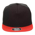 Black trucker cap with red flat peak and mesh back panels, featuring structured chino front