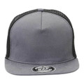 Charcoal grey flat-peak snapback trucker cap with black mesh back panels and smooth front crown