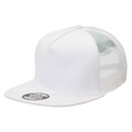 White snapback trucker cap with flat peak and mesh back panels ideal for decoration