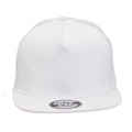 White flat-brim snapback trucker cap with mesh back panels and smooth front crown, packshot