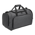 Charcoal grey canvas sports duffel bag with black handles and multiple zippered compartments
